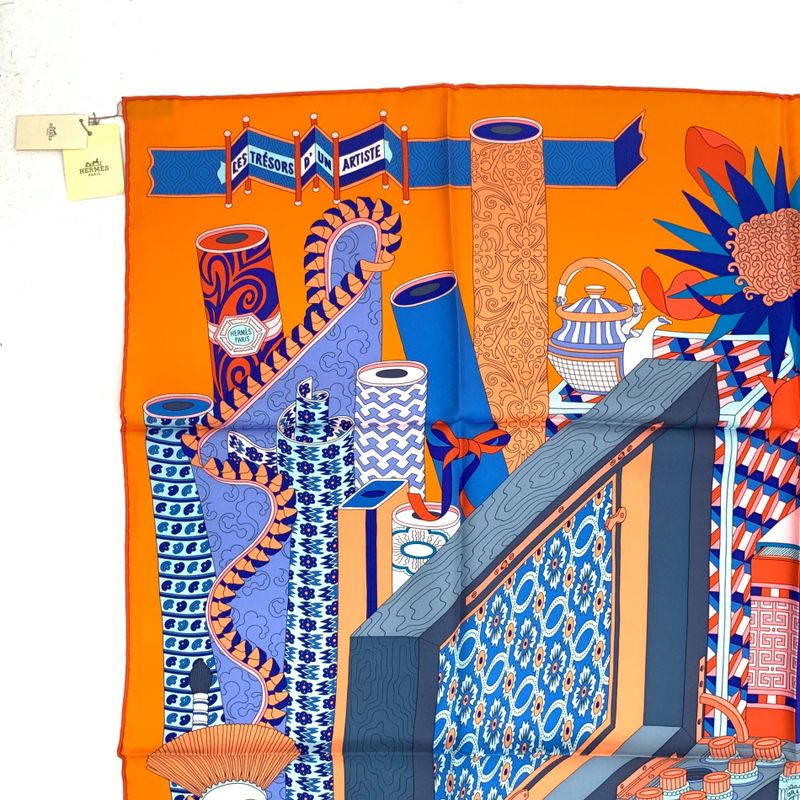 Hermes Carre 90 Les Tresors D'un Artiste A Painter's Treasure Orange And Blue