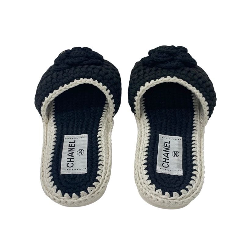Chanel Sandals Shoes Fabric Black White Coco Mark Camellia Knit Flat Mule