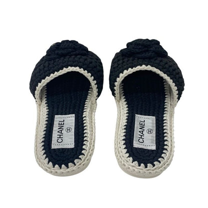 Chanel Sandals Shoes Fabric Black White Coco Mark Camellia Knit Flat Mule