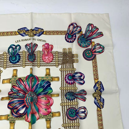 Hermes Scarf Carre 90 LES Rubans DU Cheval Horse Ribbon Silk White