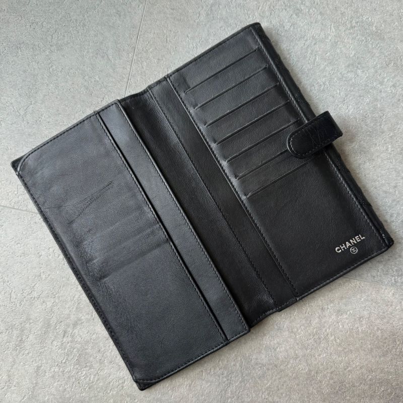 Chanel Bicolore Coco Mark Bifold Long Wallet W Hook Leather Quilted Black Long