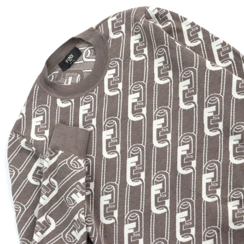 Fendi 2022 Fzx061 100% Virgin Wool FF Logo Orock Chain Allover Pattern Crew