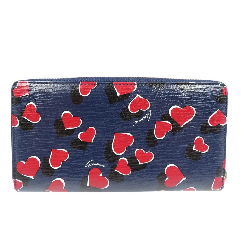 Gucci Heart 309705 Leather Gold Hardware Navy Red Round Zipper Long Wallet 1200