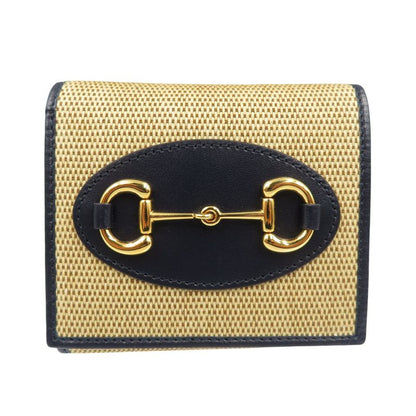 Gucci Horsebit 621891 Canvas Leather Gold Hardware Beige Black Bifold Wallet