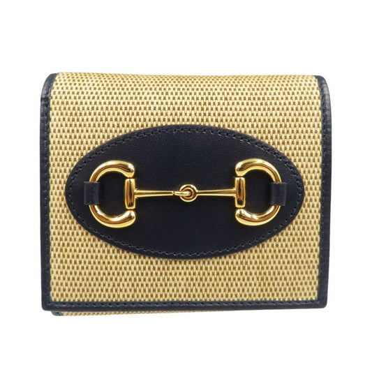 Gucci Horsebit 621891 Canvas Leather Gold Hardware Beige Black Bifold Wallet