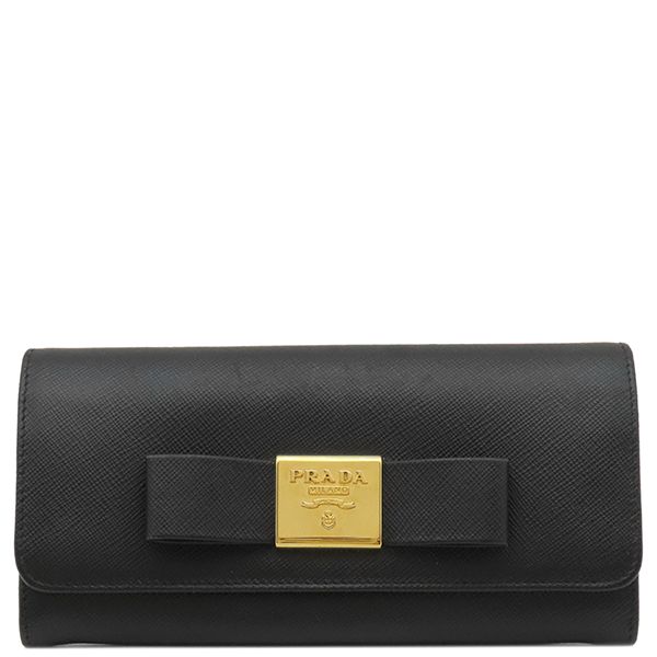 Prada Long Wallet Ribbon Flap Wallet Saffianoleather Black Goldhardware Black
