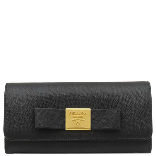 Prada Long Wallet Ribbon Flap Wallet Saffianoleather Black Goldhardware Black
