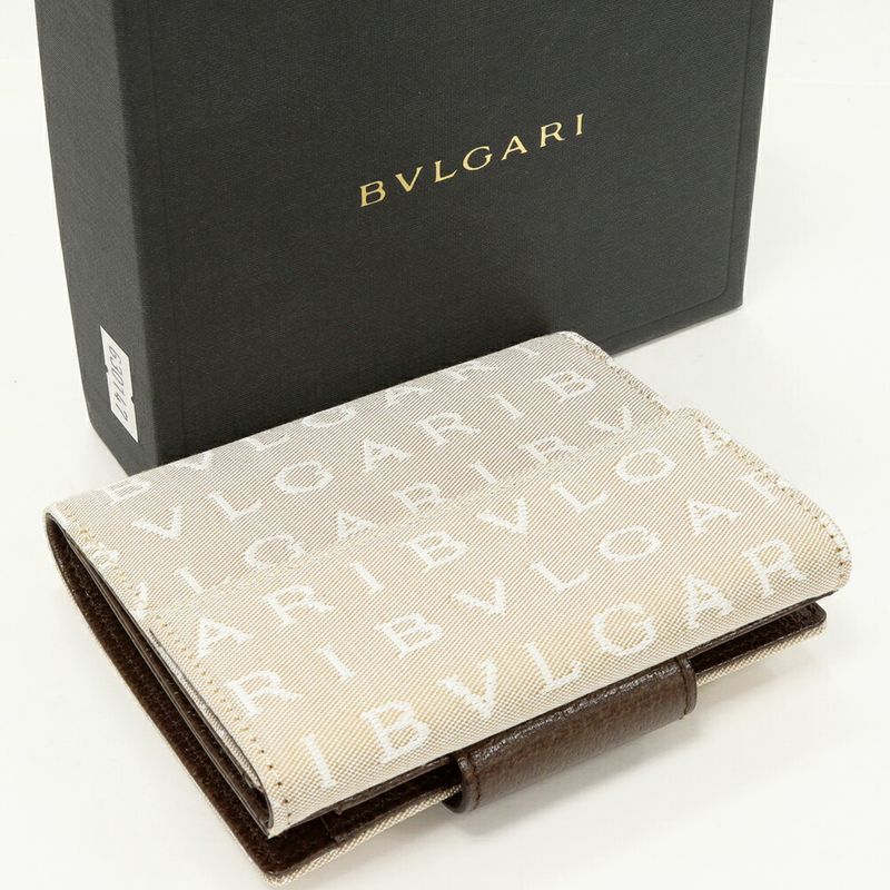 Bulgari Bifold Wallet With Coin Purse Logomania Canvas Beige 22242