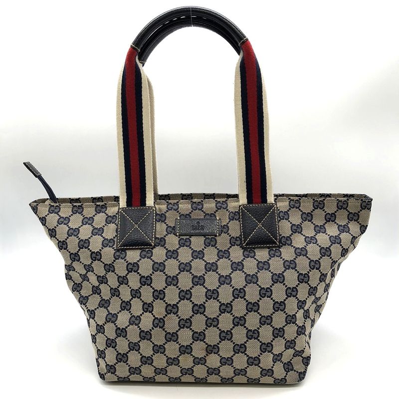 Gucci 131230 Tote Bag Navy GG Canvas/leather Sherry Line Women's