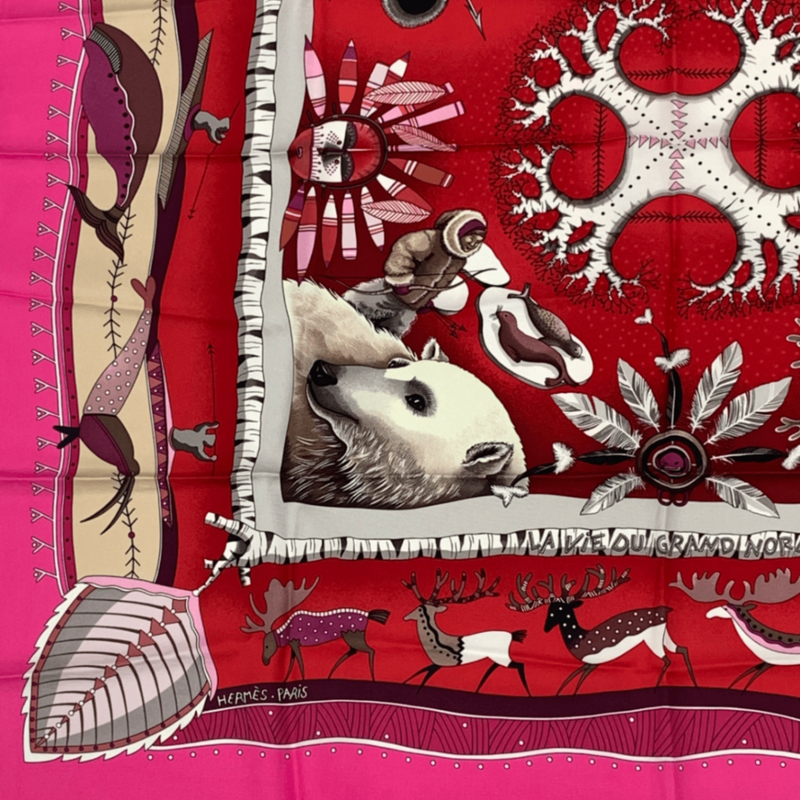 Hermes Carre 90 LA VIE DU Grand NORD Arctic Life Pink Scarf Silk