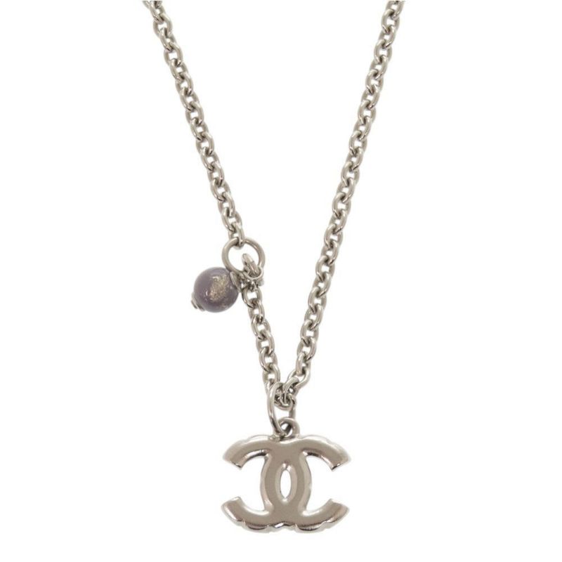 Chanel Coco Mark Metal Rhinestone Faux Pearl Silver Necklace 0470 Chanel