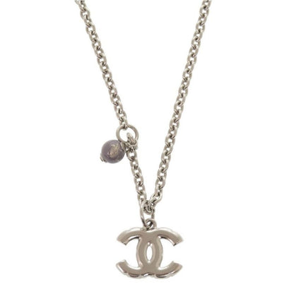 Chanel Coco Mark Metal Rhinestone Faux Pearl Silver Necklace 0470 Chanel