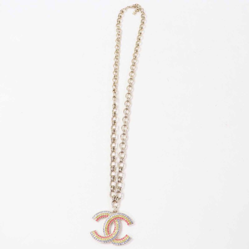 CHANEL A23C Large Rainbow Rhinestone Coco Mark Chain Necklace Multi Gold With
