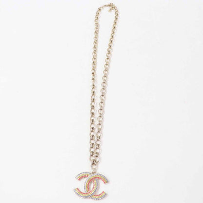 CHANEL A23C Large Rainbow Rhinestone Coco Mark Chain Necklace Multi Gold With