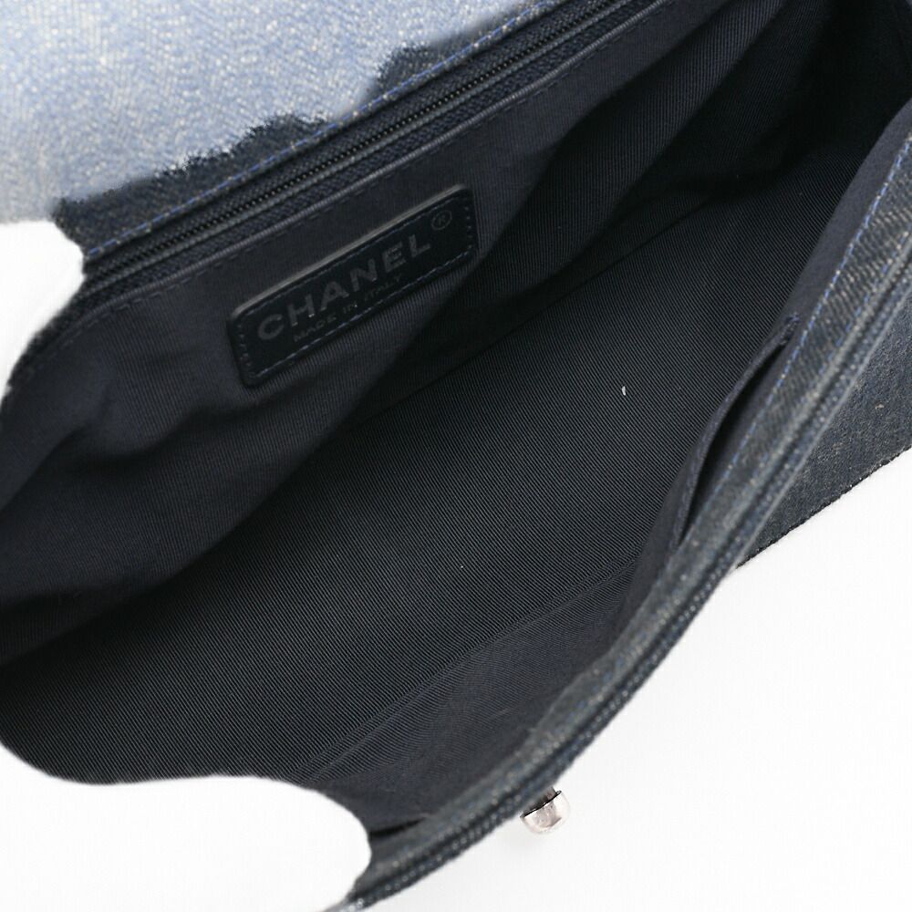 Chanel Boy Chanel V-stitched Chain Shoulder Denim Large Size Blue (silva