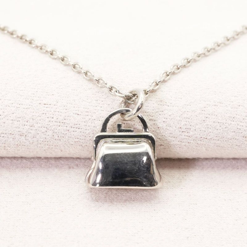 Celine Bag Shape Necklace Silver Pink Stone Bag 24-4636