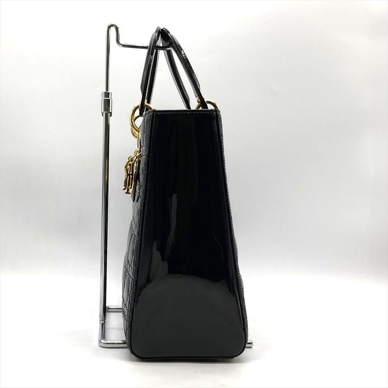 Dior Lady Dior Large Cannage Handbag Patent Leather Black Gold Hardware Women