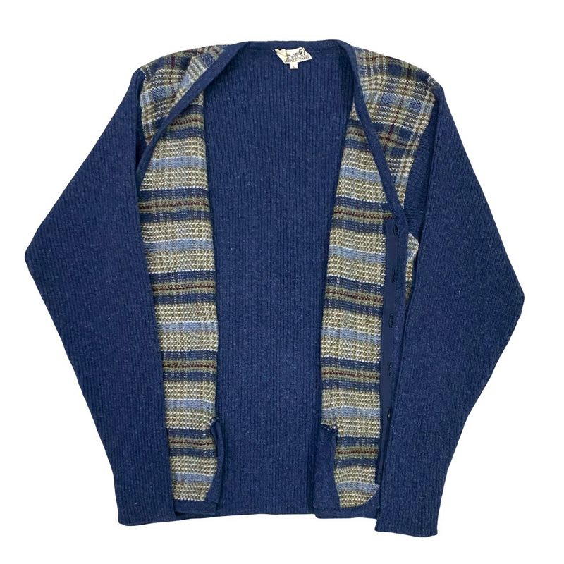 Hermes Check Pattern Wool Knit Cardigan M Size Men's Navy Multicolor 71131