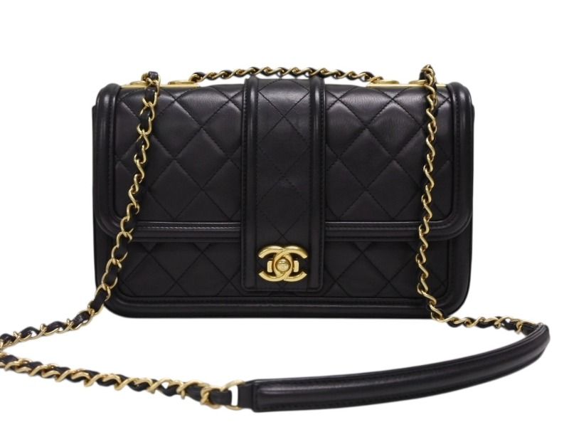 Chanel S Flap Chain Shoulder Bag CC Logo Lambskin Black Gold
