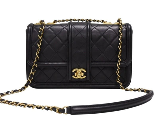 Chanel S Flap Chain Shoulder Bag CC Logo Lambskin Black Gold