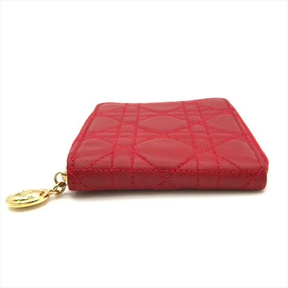 Dior Lady Cage Leather Bifold Round Compact Wallet Red
