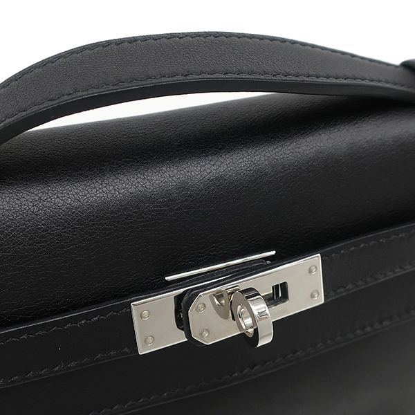 Hermes Handbag Pochette Kelly Evergrain Black Silver Hardware Black Mini Bag L