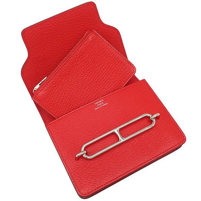 Hermes Bifold Wallet Lauris Luli Slim Chevre Rouge Coup Silver Hardware Red