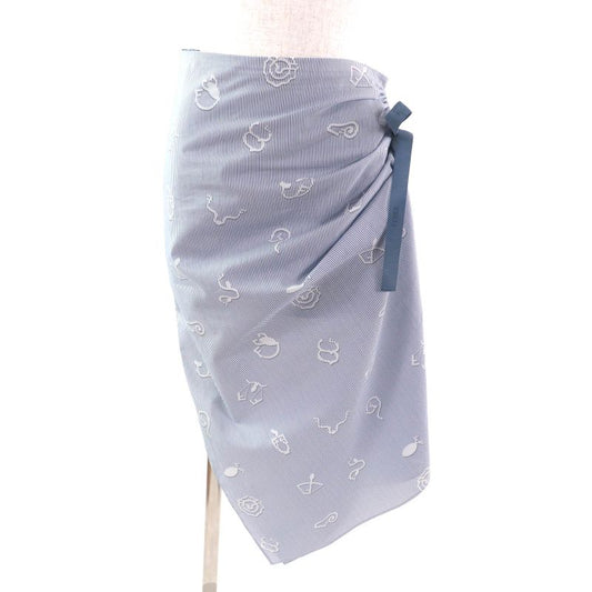 Fendi 2023 Fq7486 100% Cotton Logo Ribbon Side Slit Striped Long Skirt White