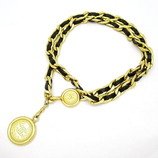 Chanel Coco Mark Coin Chain Belt Brass Leather Women Black