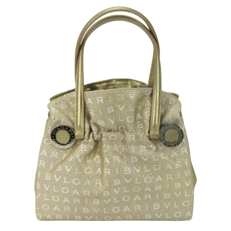 Bvlgari Handbag Logomania Canvas Leather Gold Beige White Mini Bag Casual For