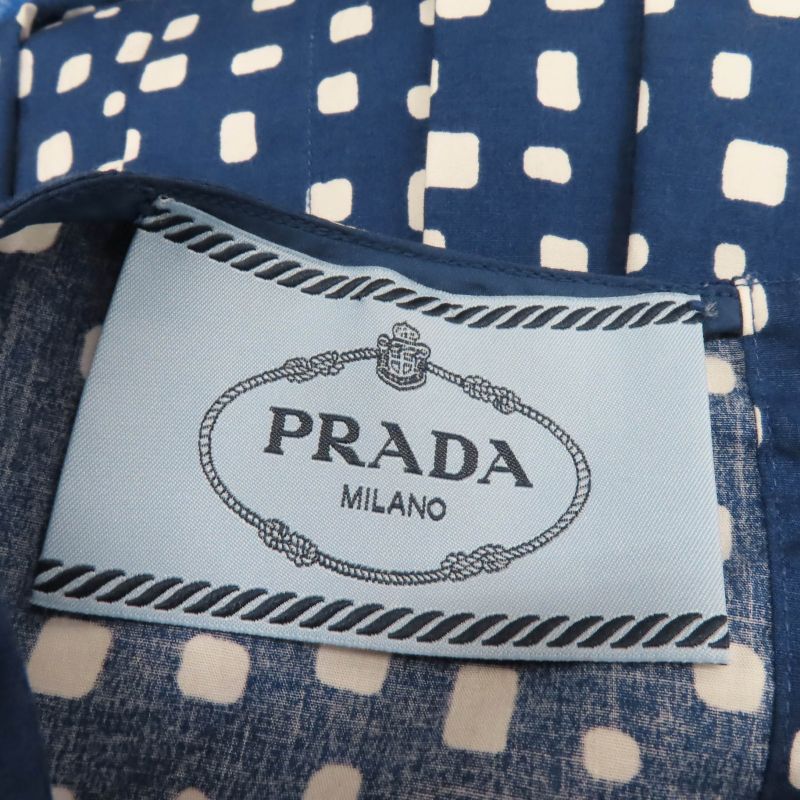 Prada Cotton Beautiful Silhouette Pleated Short Sleeve Dress With Belt Navy 40