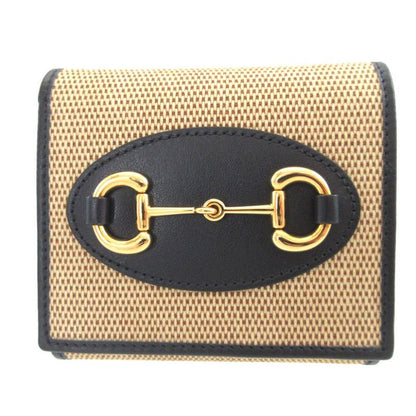 Gucci Horsebit 621891 Canvas Leather Beige Navy Blue Bifold Wallet 0437 Gucci