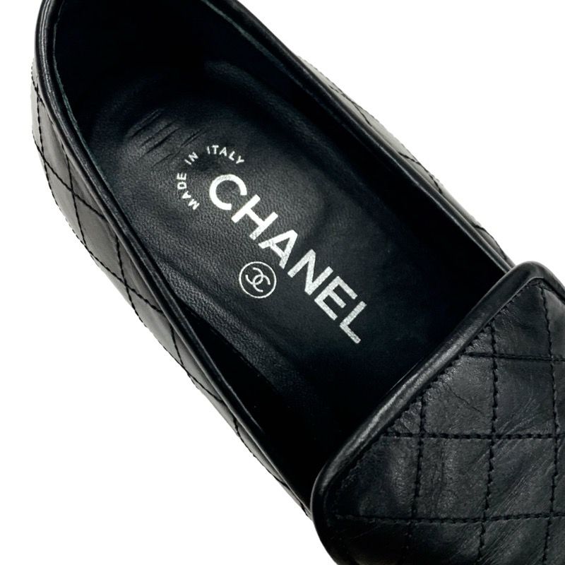 Chanel Loafer Leather Shoes Leather Black Silver Matelasse Here Mark