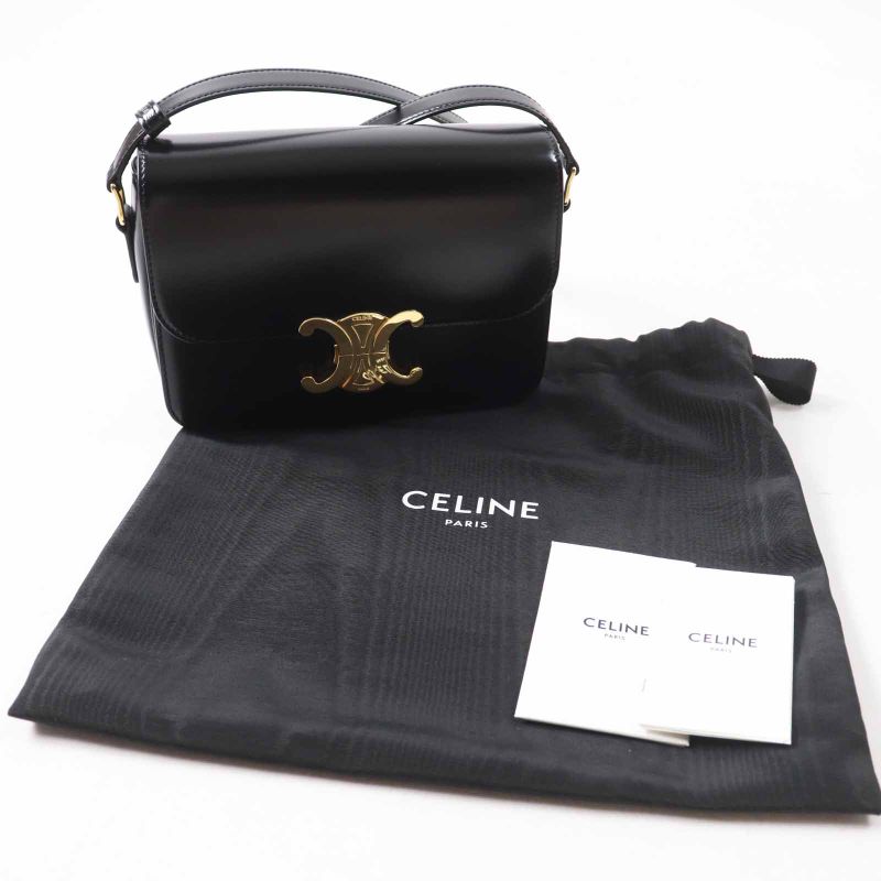 Celine 18842 Teen Triomphe Shiny Calfskin Shoulder Bag Black Gold Hardware