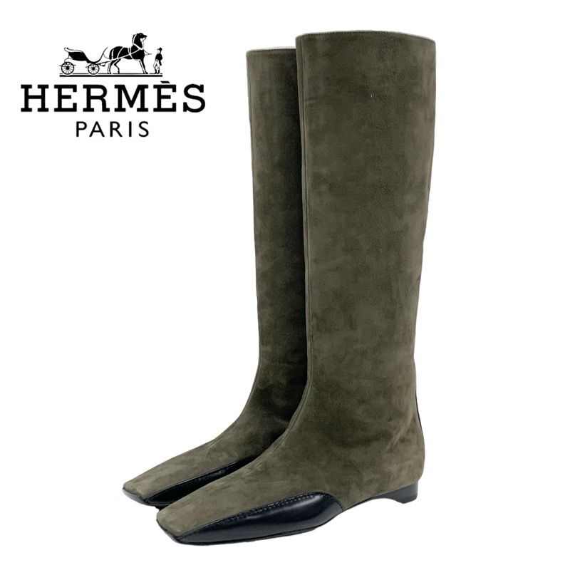 Hermes Final Boots Long Boots Shoes Suede Leather Khaki Black