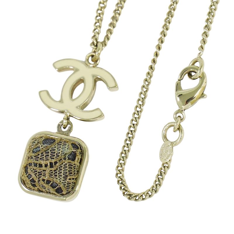 Authentic Chanel Coco Mark Necklace Pendant GP Gold Plated Chien Pan Gold Beige