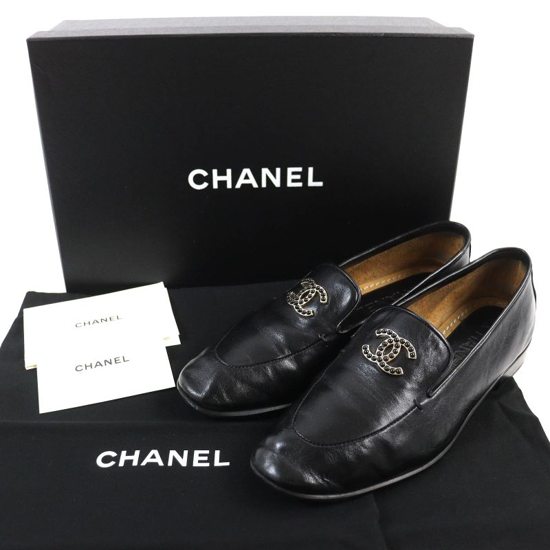 CHANEL 2023 23A G45008 Coco Mark Shiny Calfskin Leather Loafers Black 36