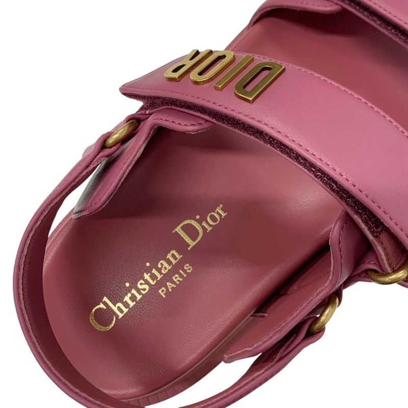 Christian Dioract Sandals Shoes Leather Pink Gold Unused Velcro Strap Logo