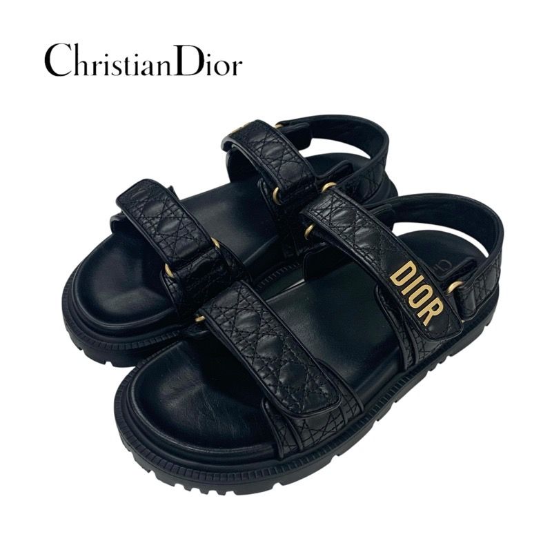 Christian Dioract Sandals Shoes Calfskin Black Gold Logo Cannage Quilted Sports