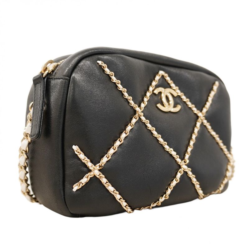 Chanel Shoulder Bag Matelasse Lambskin Black Chien Pan Gold Hardware Women