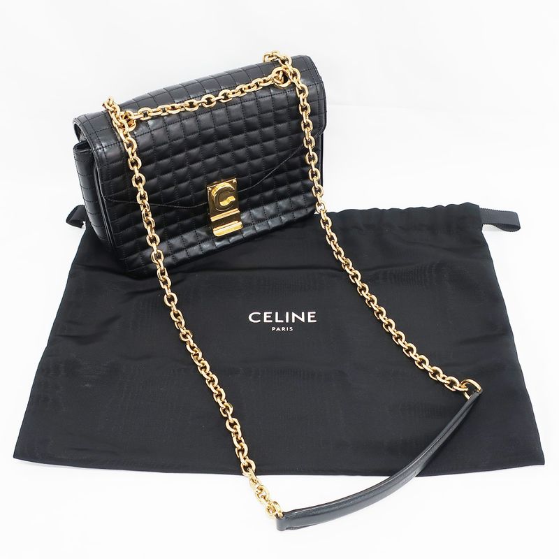 Celine Chain Shoulder Bag Quilted Black Gold Hardware Leather Women's