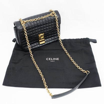 Celine Chain Shoulder Bag Quilted Black Gold Hardware Leather Women's