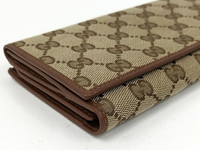 Gucci Trifold Wallet Leather Canvas Beige Brown 181593