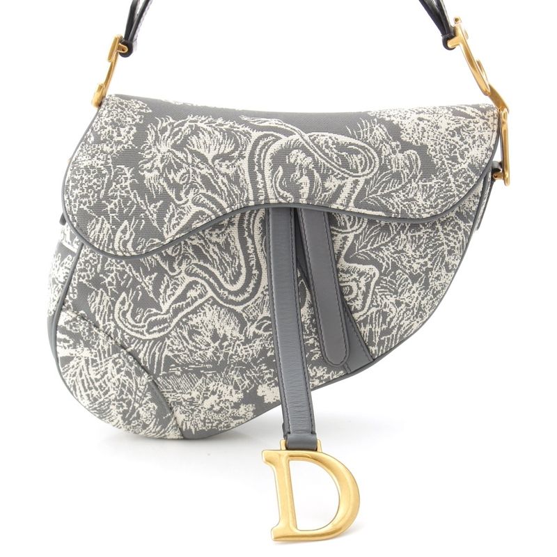 Dior Cotton Toile De Jouy Embroidered Saddle Shoulder Bag Gray