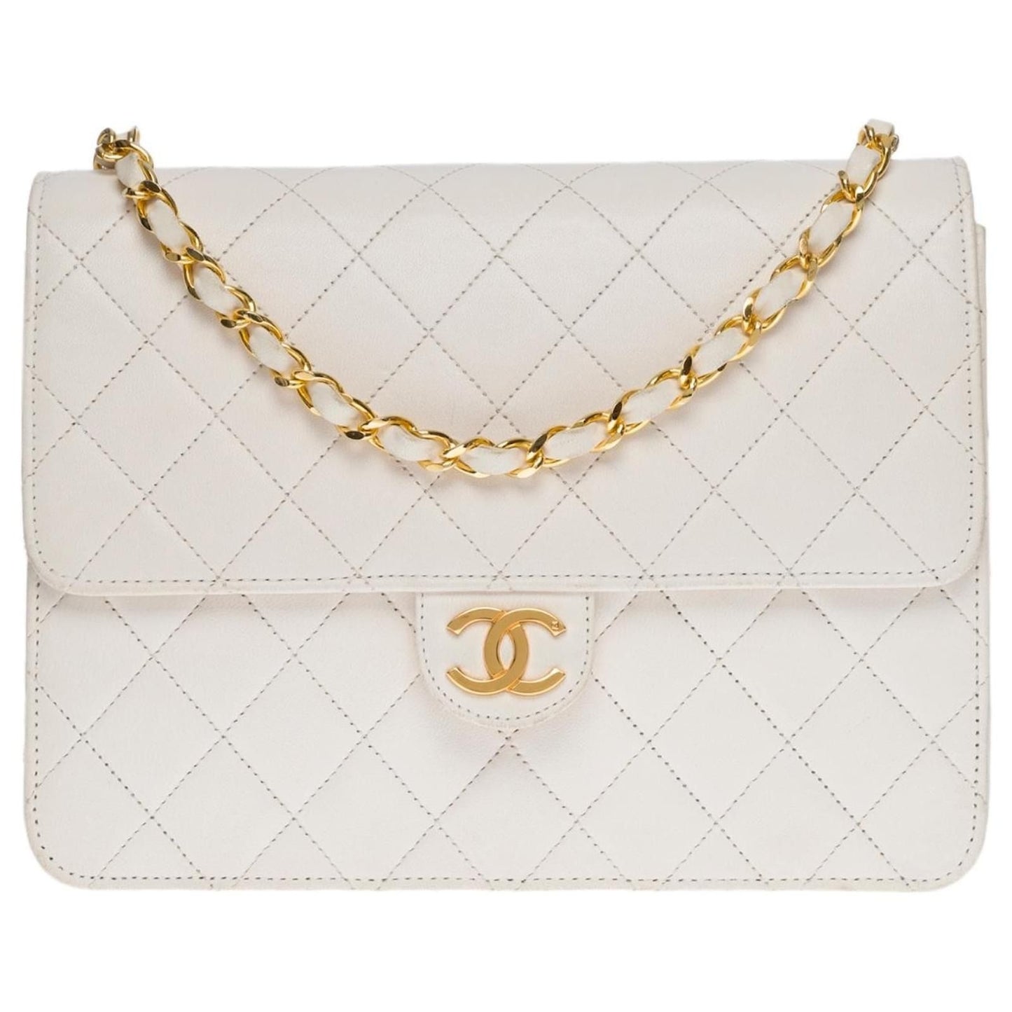 CHANEL Classic Single Flap Bag Quilted Matelasse Lambskin White Purse