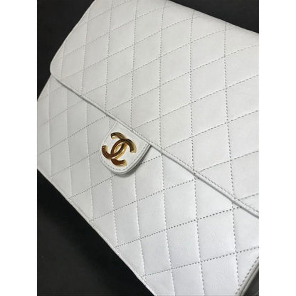 CHANEL Classic Single Flap Bag Quilted Matelasse Lambskin White Purse