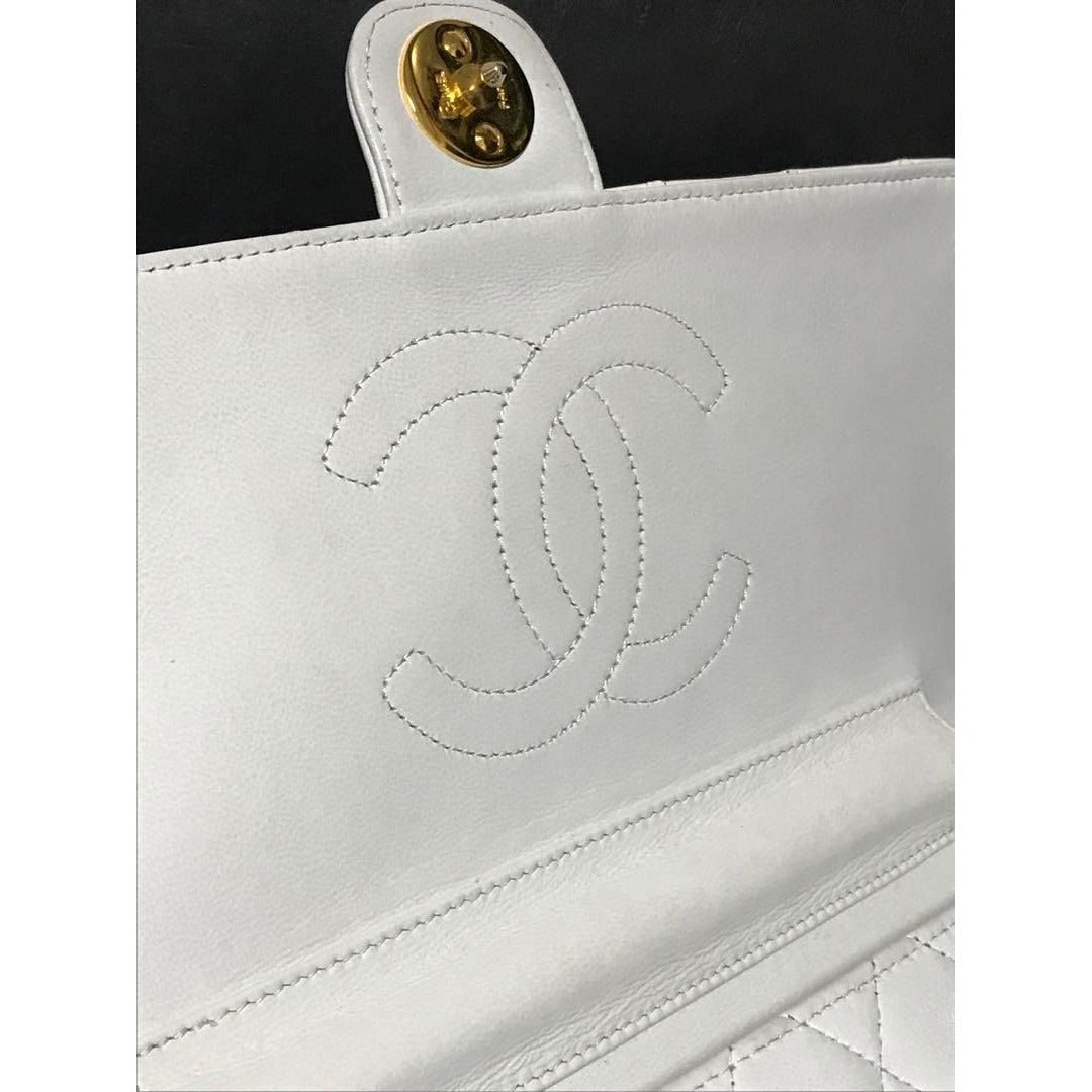 CHANEL Classic Single Flap Bag Quilted Matelasse Lambskin White Purse