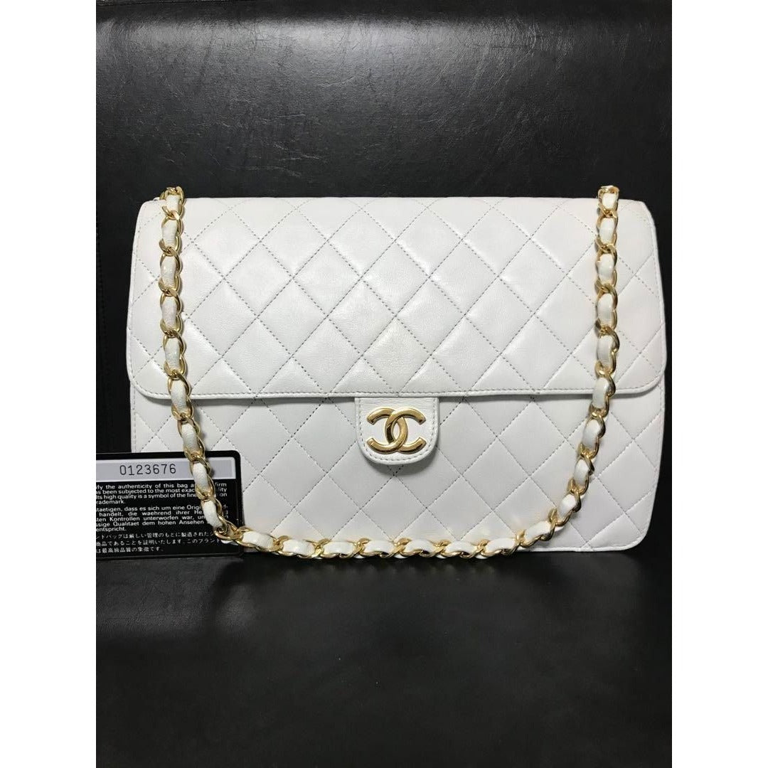 CHANEL Classic Single Flap Bag Quilted Matelasse Lambskin White Purse