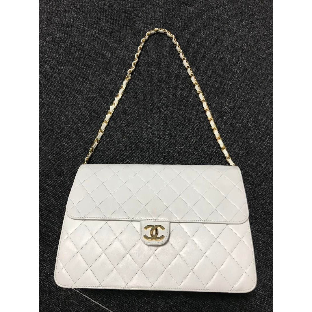 CHANEL Classic Single Flap Bag Quilted Matelasse Lambskin White Purse