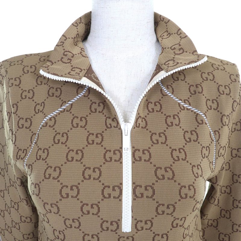 Gucci 23SS 715524 GG Pattern Half Zip Cropped Jersey Long Sleeve Top Brown M